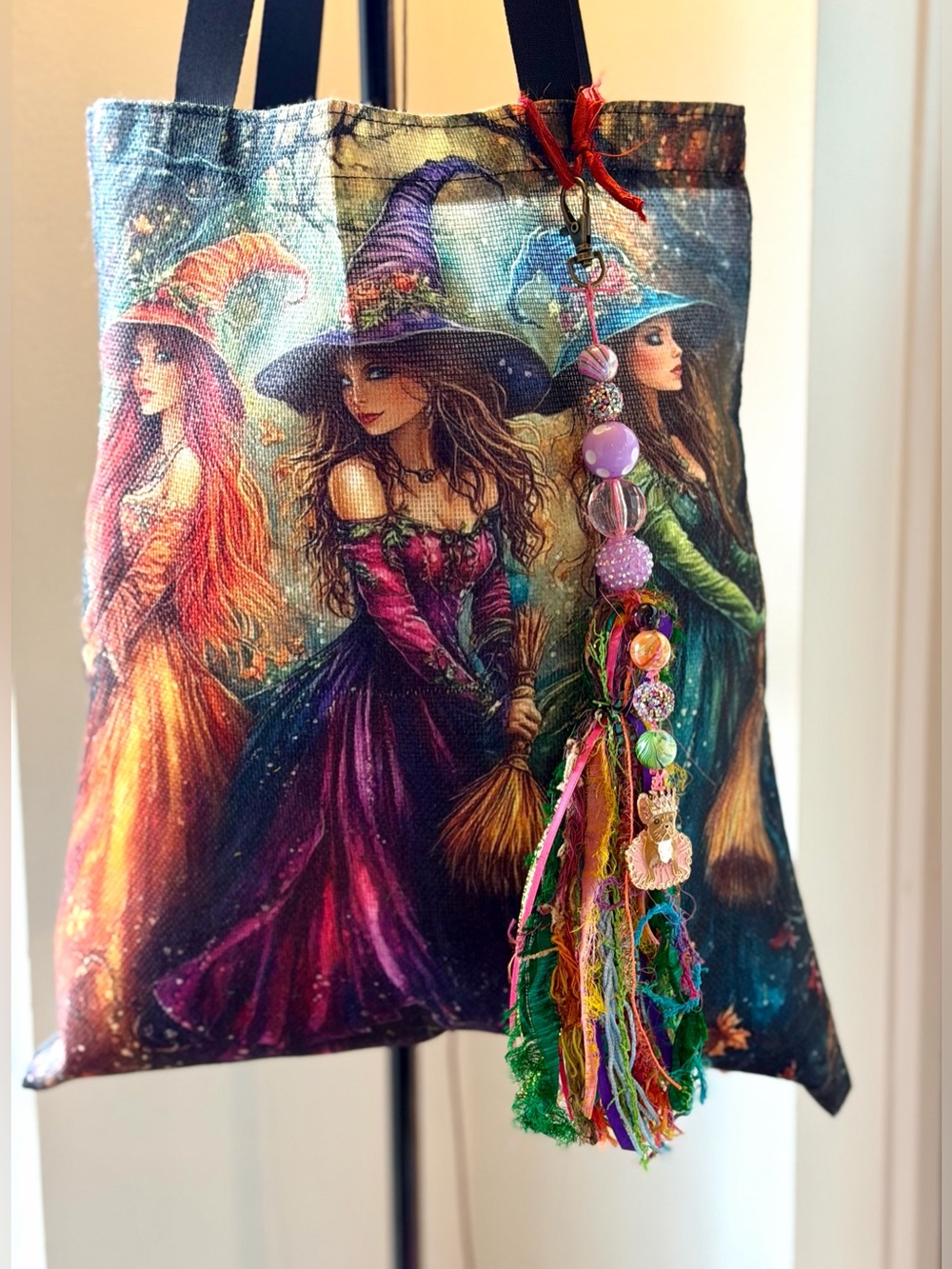Multicolor Witch Trio Printed Tote Bag with handmade Whimsical Tassel